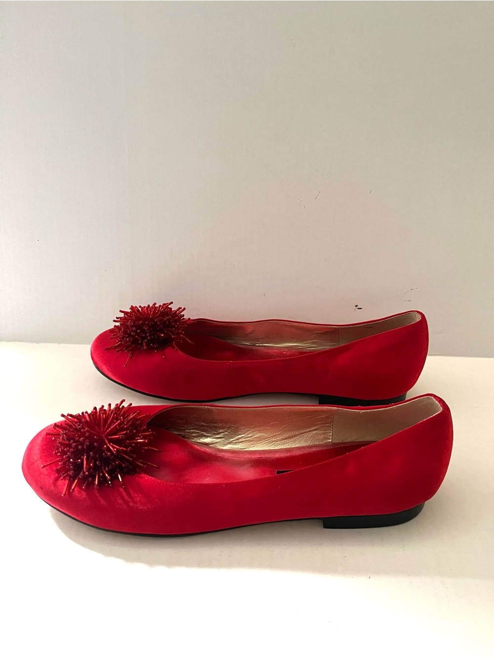 Vintage Beverly Feldman Red Satin Beaded Pom Pom  Ballet Flats.